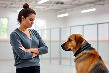 Dog owner and trainer discussing dog's progress